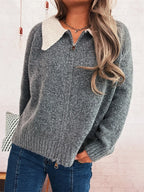 Women's Cardigan Zip-Up Contrast Collar Soft Acrylic Knit Sweater 038c8a2aece74306b741d14c3930a1fb-Max-Origin Trendsi