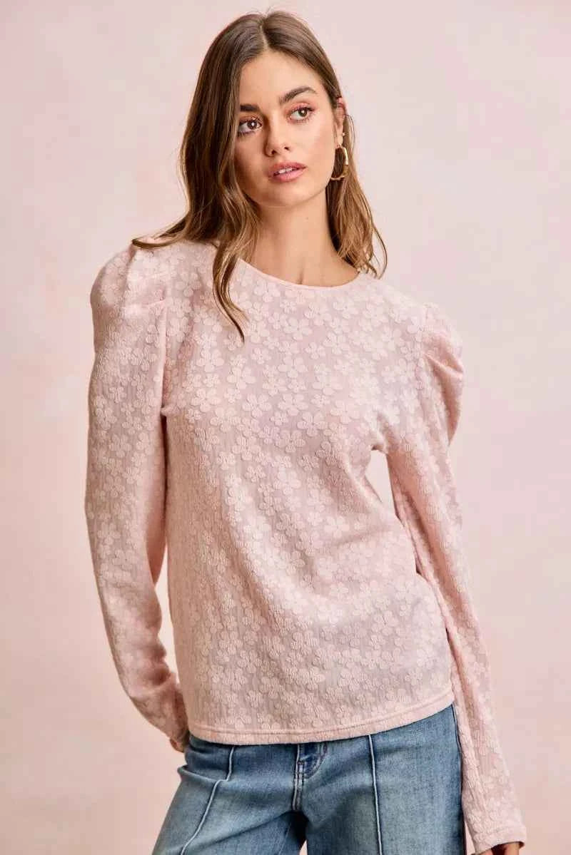 BiBi Women Blouse Textured Flower Knit Blush Pink Puff Shoulder Top Long Sleeve 0390a555ec9d4e978fbd5b56d35cd80a-Max-Origin Trendsi