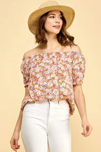 Lime 'N' Chili Blouse Off-The-Shoulder Coral Floral Print Short Sleeve CORAL COMBO 03915149d63c4ac28d602c77b088d487-Max-Origin Trendsi
