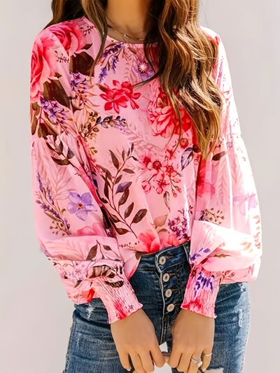 Floral Blouse Smocked Printed Round Neck Lantern Long Sleeve Top Pink 0394e217-8825-44fc-a20b-c8a5450d9040-Min Trendsi