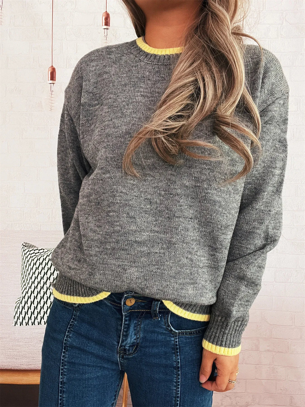 Women's Sweater Knit Ribbed Contrast Trim Long Sleeve Pullover 039c89cd1a314cd0b8591479727cbebc-Max-Origin Trendsi