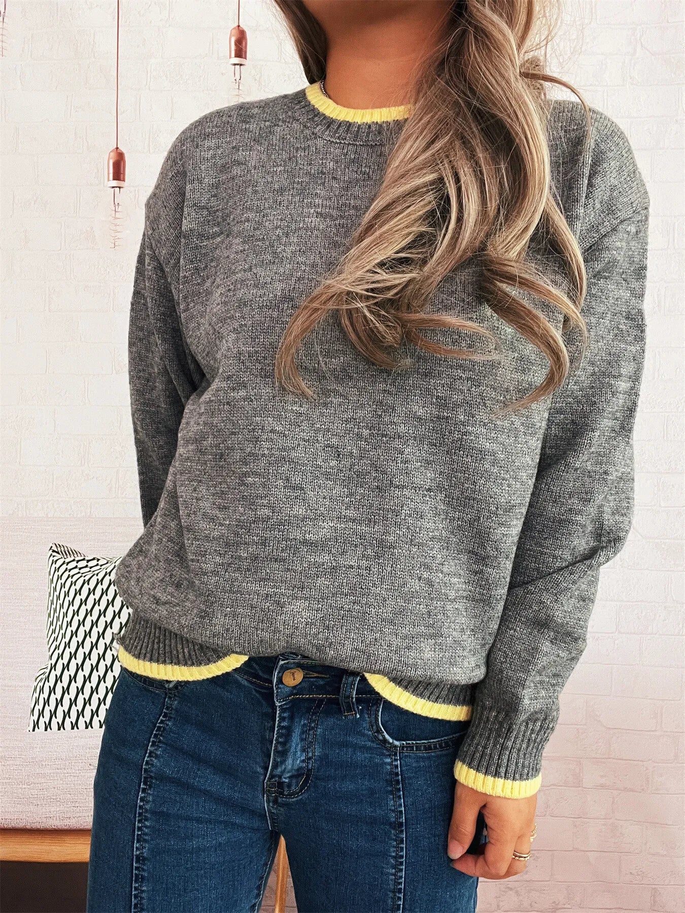 Women's Sweater Knit Ribbed Contrast Trim Long Sleeve Pullover 039c89cd1a314cd0b8591479727cbebc-Max-Origin Trendsi