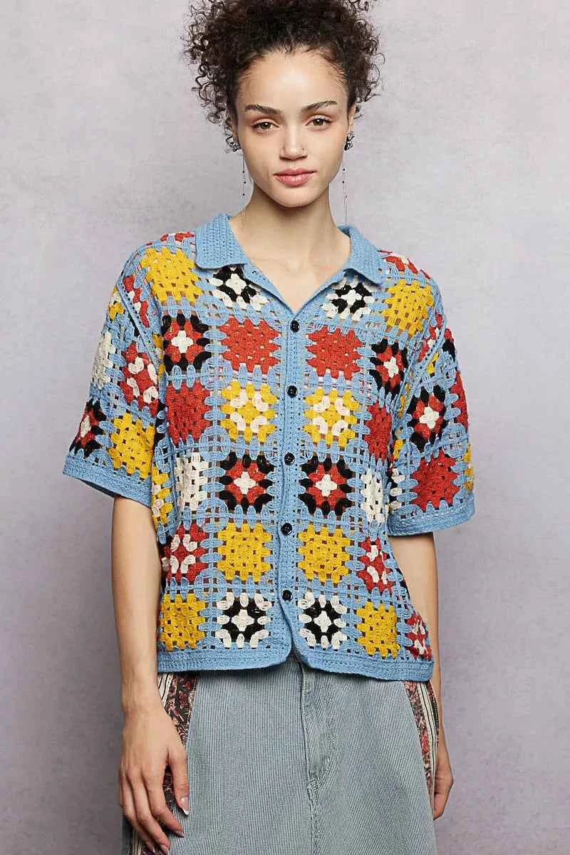 POL Crochet Women Shirt Sky Multi Floral Short Sleeve Relaxed Fit Top 039ee908-e085-48c5-ade4-10b1a6716326-Max-Origin Trendsi
