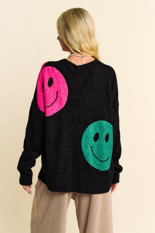 Davi & Dani Black Oversized Sweater Contrast Colorful Smile Round Neck Pullover