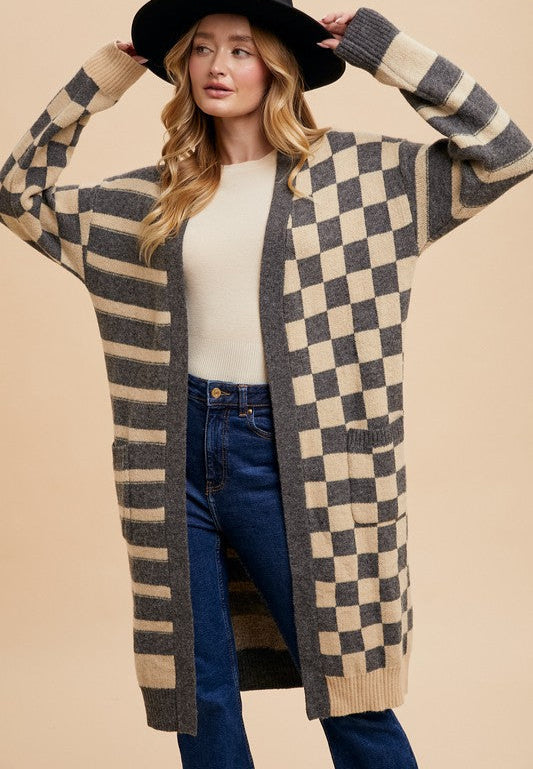 Women's Cardigan Annie Wear Dark Gray Checkered & Striped Open Long Sleeve 03a1552a-a139-4df1-8de6-079e45d9d42a-Max Trendsi