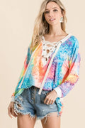 BiBi Tie Dye Womens Top Deep V-neck Blouse With Lace Up Front TIE DYE 03a6926414a441638188cdc827080af4-Max-Origin Trendsi