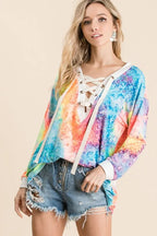 BiBi Tie Dye Womens Top Deep V-neck Blouse With Lace Up Front TIE DYE 03a6926414a441638188cdc827080af4-Max-Origin Trendsi