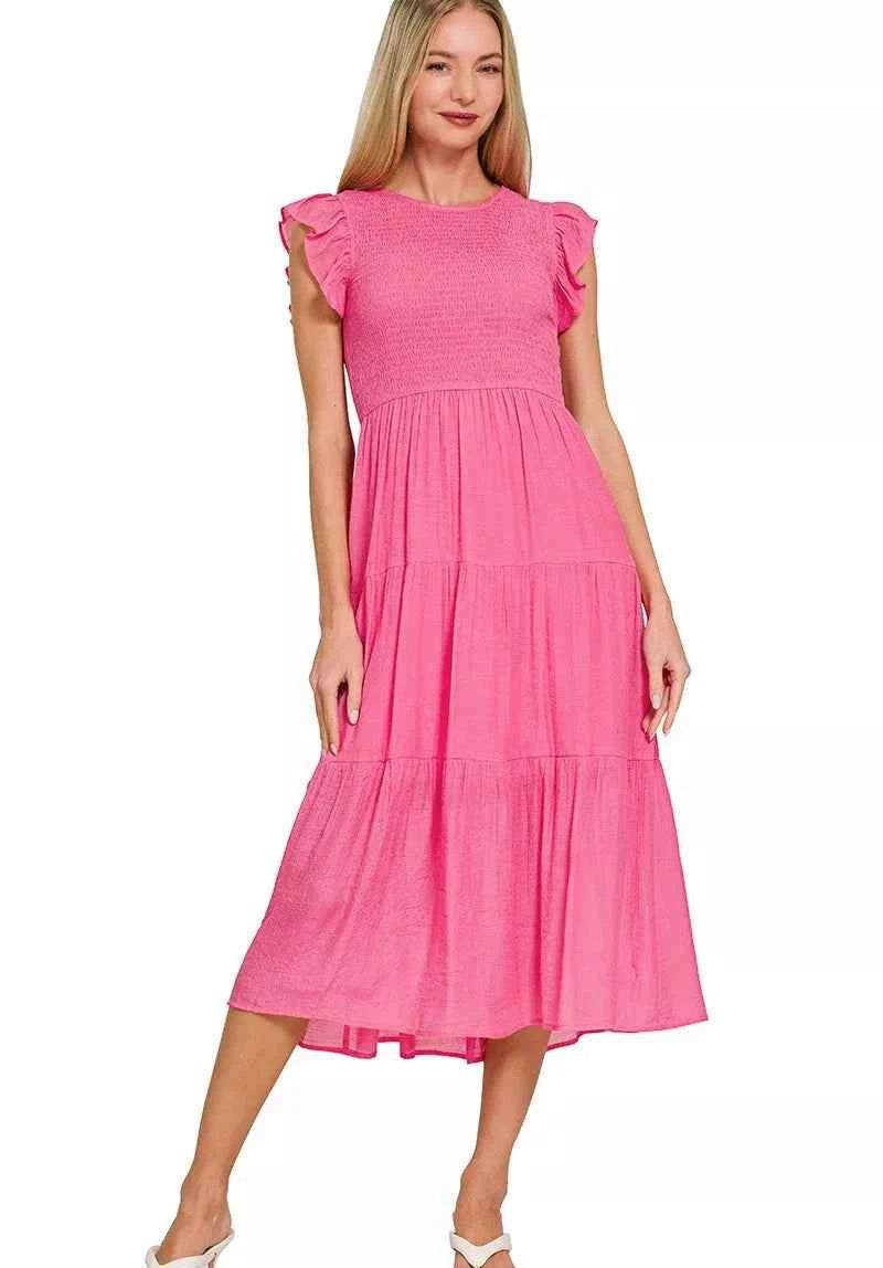 Zenana Midi Dress Fuchsia Pink Woven Smocked Ruffle Short Sleeve FUCHSIA 03ae20155af54494a6fcd66a569390b7-Max-Origin Trendsi