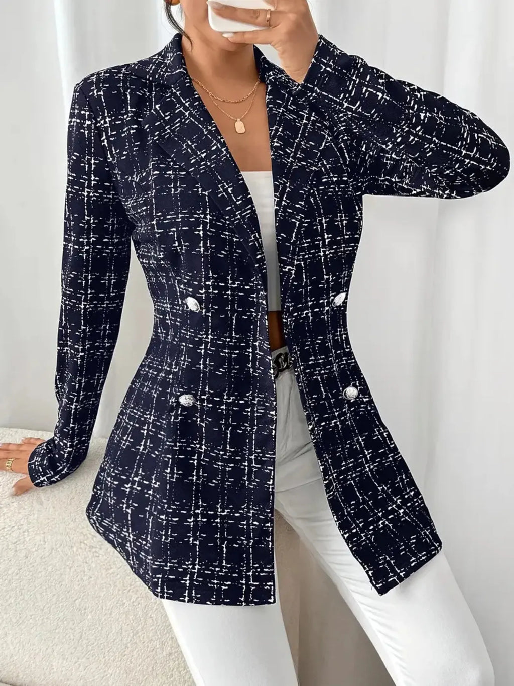 Tweed Blazer Women's Double-Breasted Long Sleeve Navy Blue 03bd9208dc7e44779d324b41d4e41620-Max-Origin Trendsi