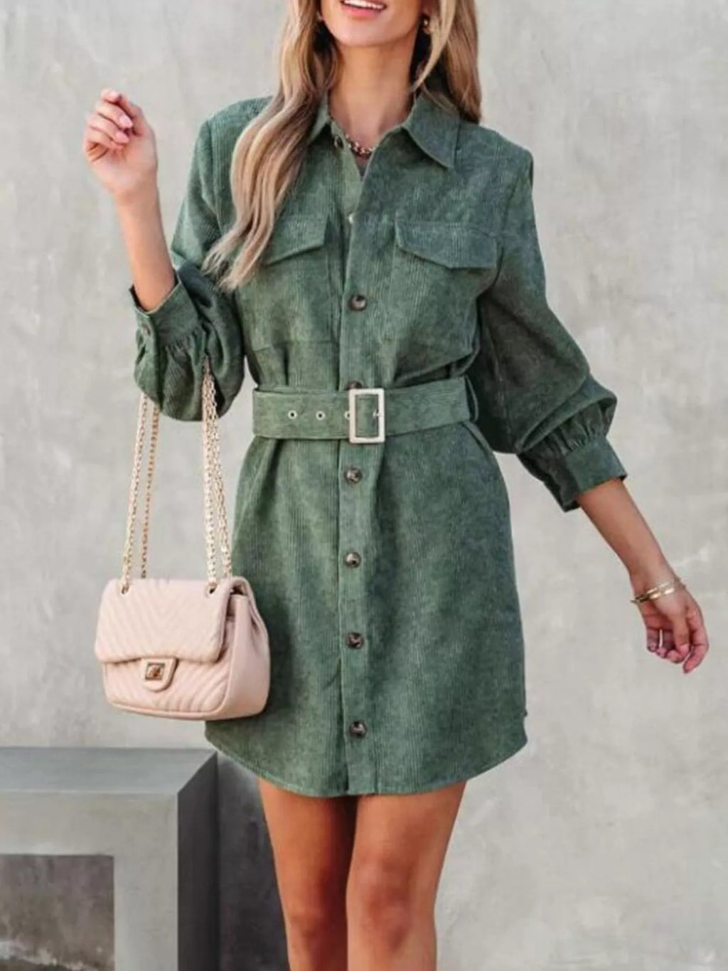 Corduroy Mini Shirt Dress Button Front Belt Long Sleeve 03ccd2a6-4e15-4c73-bbb2-6d05998197f8-Max-Origin Trendsi