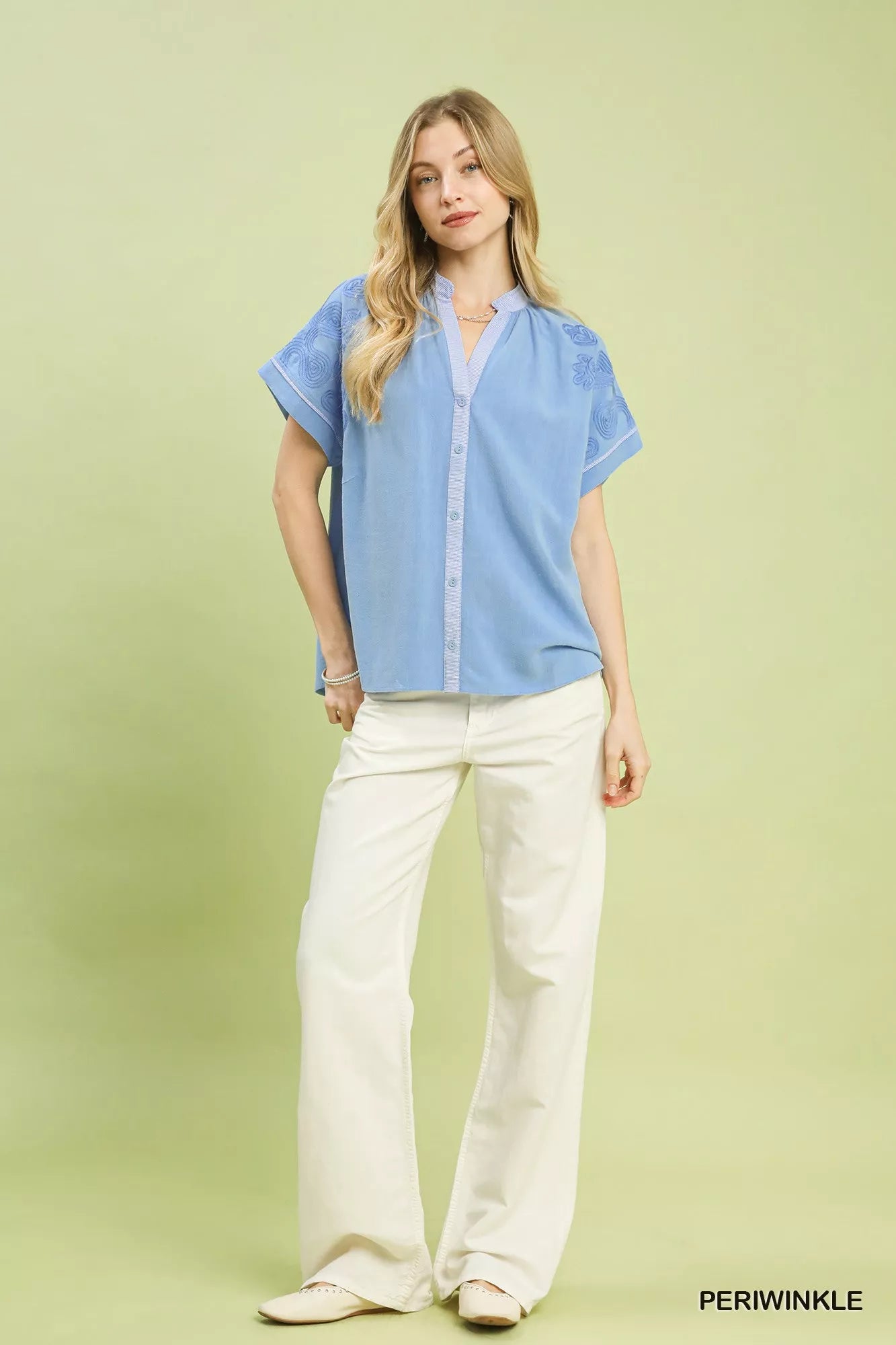 Umgee Blouse Embroidered Button Front Light Blue Short Sleeve Top 03d38cb6-1000-4f7b-9bac-d70bd5d632fb-Max-Origin Trendsi