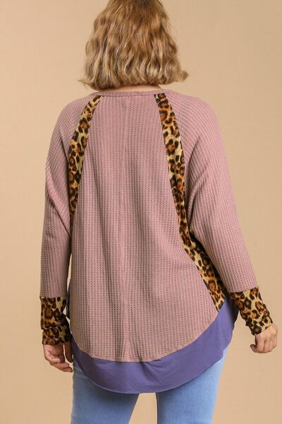 Umgee USA Waffle Knit Top Plus Size Leopard High-Low Dolman Long Sleeve 03d431ca-65ce-4354-b58f-e8069527ff64-Min Trendsi