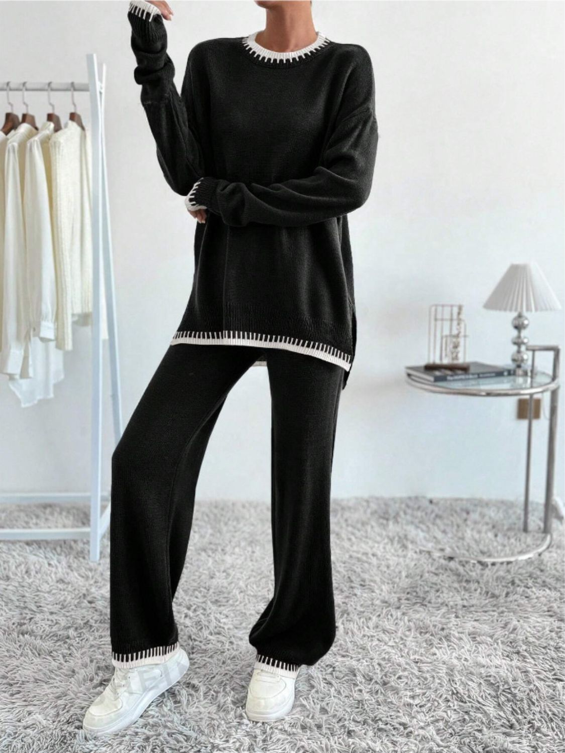 Outfit Set Knit Sweater Side Slit Contrast Trim Round Neck Top and Pants Set