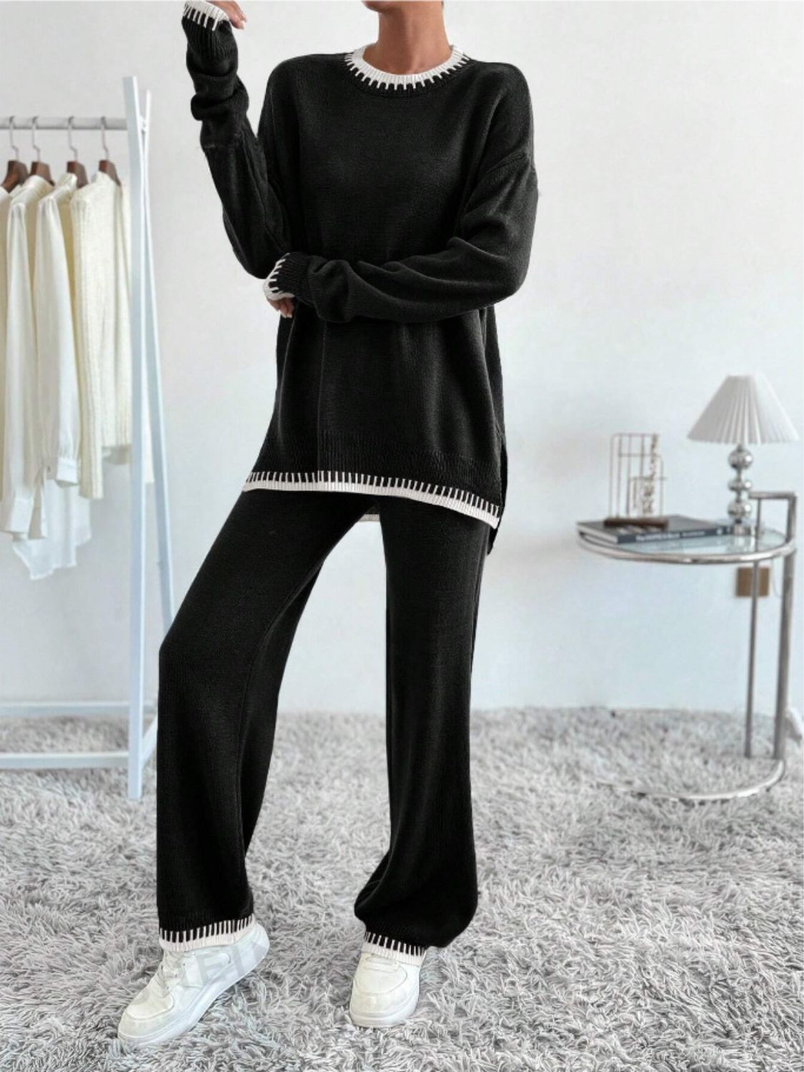 Outfit Set Knit Sweater Side Slit Contrast Trim Round Neck Top and Pants Set 03dbd7c2-b0cc-44c4-9b2f-75e29da9abb8-Max Trendsi