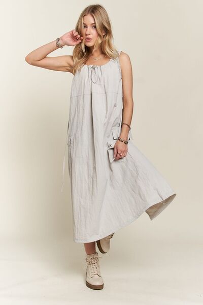ADORA Cargo Dress Drawstring Round Neck Slit Back Pocketed Light Gray 03de8437-dc4a-4b40-bf95-74354e46fa4a-Min Trendsi