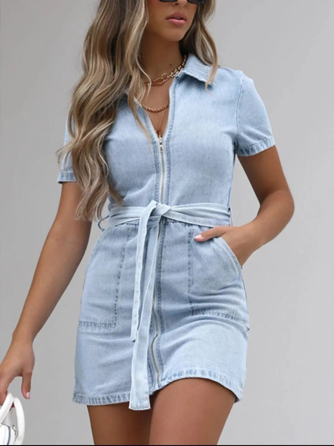 Denim Mini Dress Zip Front Short Sleeve Collared Belted with Pockets 03ed2981-5da0-418d-b8a3-622434385882-Max-Origin Trendsi