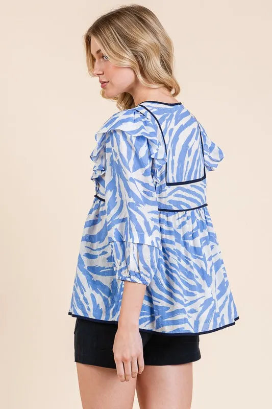 Lime 'N' Chili Blouse Blue Graphic Print Solid Trim Quarter Sleeve Tiered 03ef5b1ee75c4c70947ae956c9022701-Max-Origin Trendsi