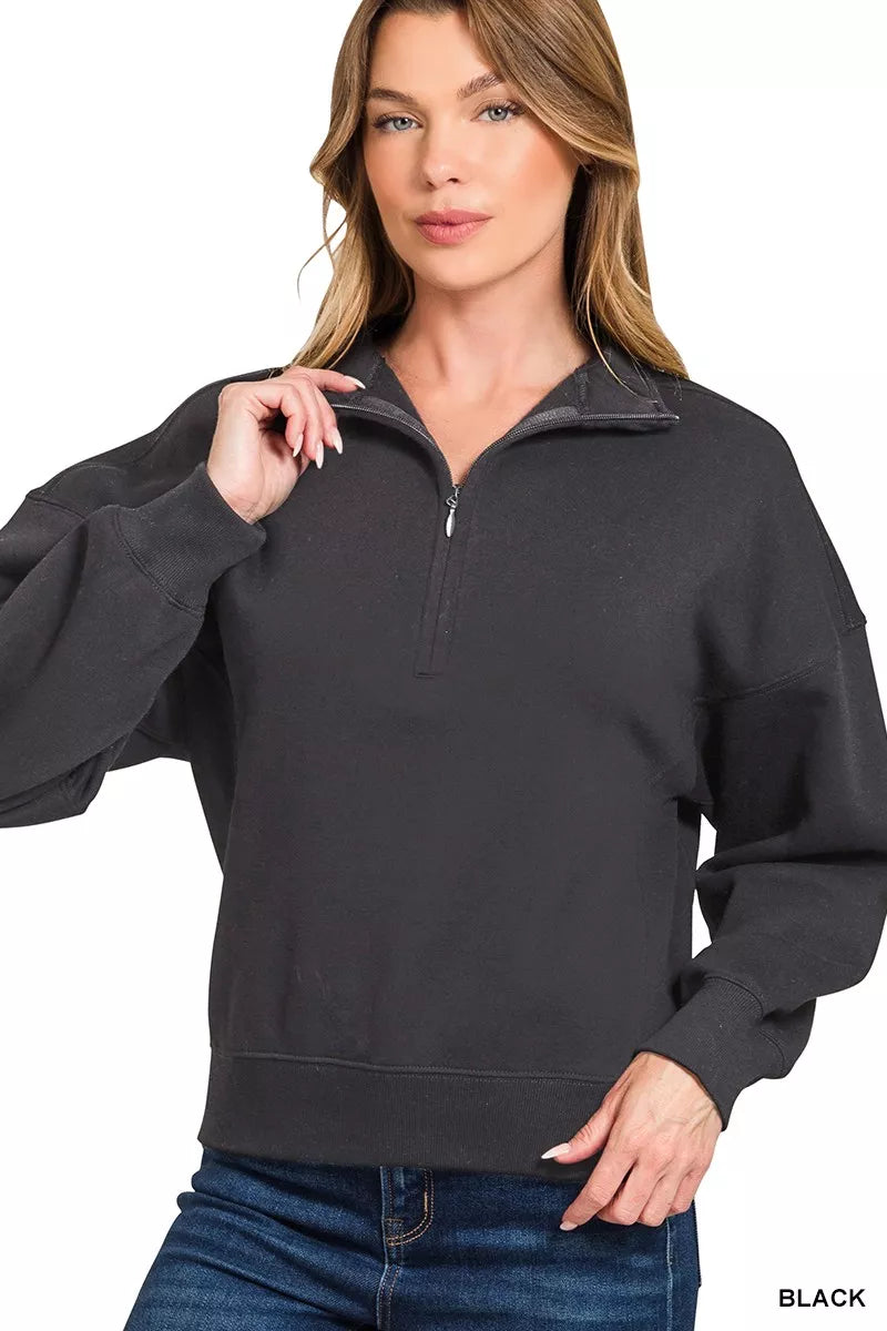 Zenana Fleece Womens Sweatshirt Black High Neck Half Zip Top 03fcd5b07f414199890356390a89c959-Max-Origin Trendsi
