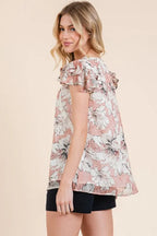 Lime 'N' Chili Blouse Pink Floral Print Lace Trim Puff Short Sleeve 0401b19a20e84bdd8508f60e9c9a6f8d-Max-Origin Trendsi