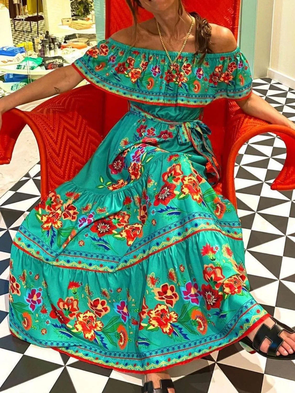 Floral Maxi Dress Off Shoulder Ruffle Belted High Waisted Ruched 0404953c-63d7-4ca2-94b3-581a02d5b420-Max-Origin Trendsi