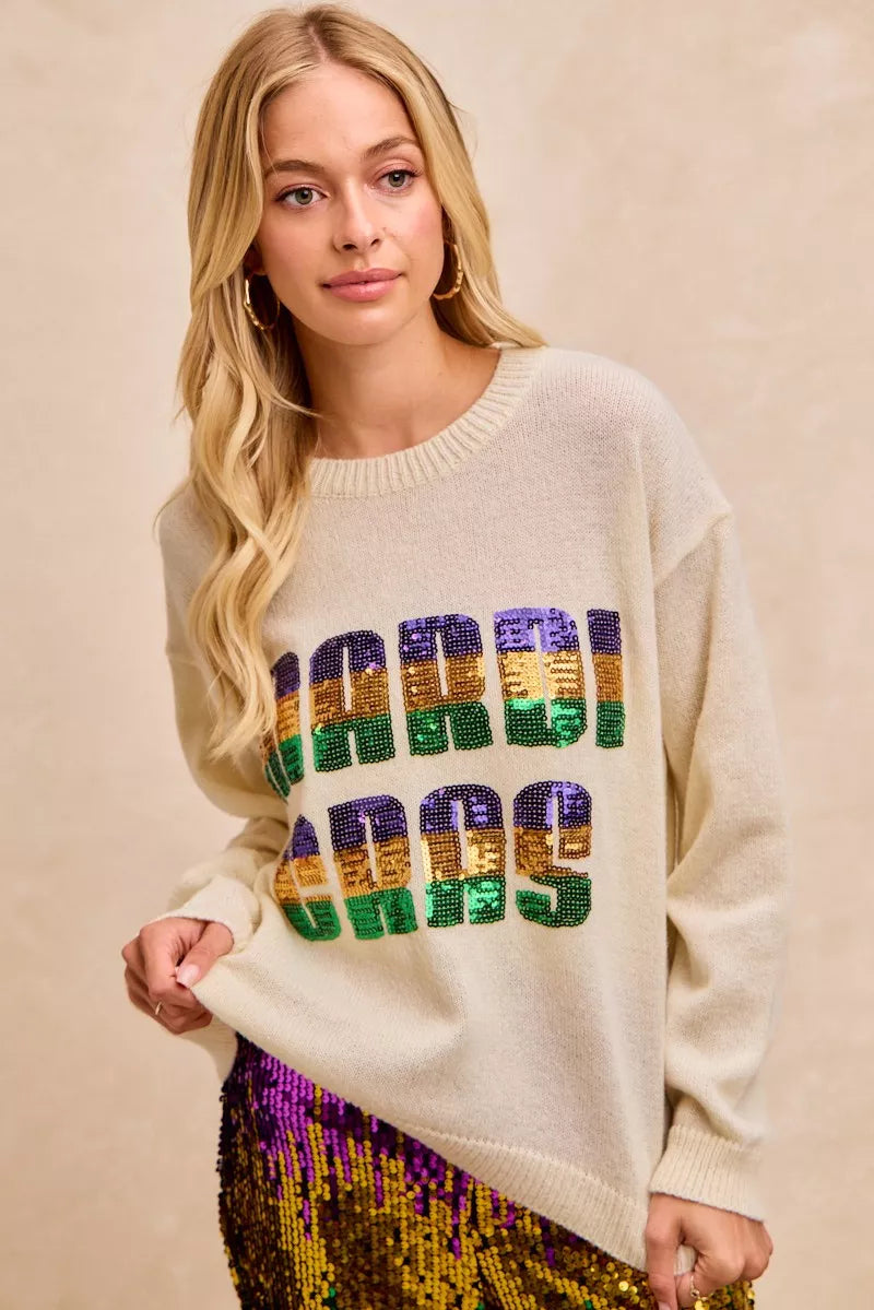 BiBi Women Sweatshirt Ivory Mardi Gras Sequin Lattering Knit Top 040a3e3bb3ef4a3dbc19fad4a886531a-Max-Origin Trendsi
