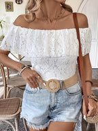 Off Shoulder Blouse White Lace Ruffle Women's Slimming Top 041062d6001a437397bb5341db81522a-Max-Origin Trendsi