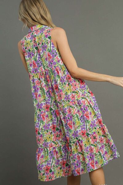 Umgee Floral Tiered Dress V Neck Sleeveless High-Low Hem Ruffle Violet 04174b54-da9d-4c0c-8b28-3956c6afa819-Min Trendsi