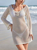 Swimwear Cover-Up Mini Dress Knit Long Sleeve Flower V Neck Apricot Apricot 0424aed9-ded7-444d-bd04-8db86792d132-Max-Origin Trendsi