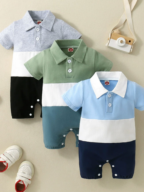 Children's Color Block Polo Collar Short Sleeve One-Piece