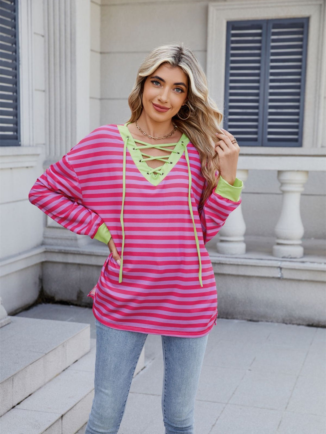 Striped T-Shirt Lace-Up Crisscross V Neck Long Sleeve Blouse Top 0427dc38-d19c-43cd-b222-9b2aba45f8b3-Max Trendsi