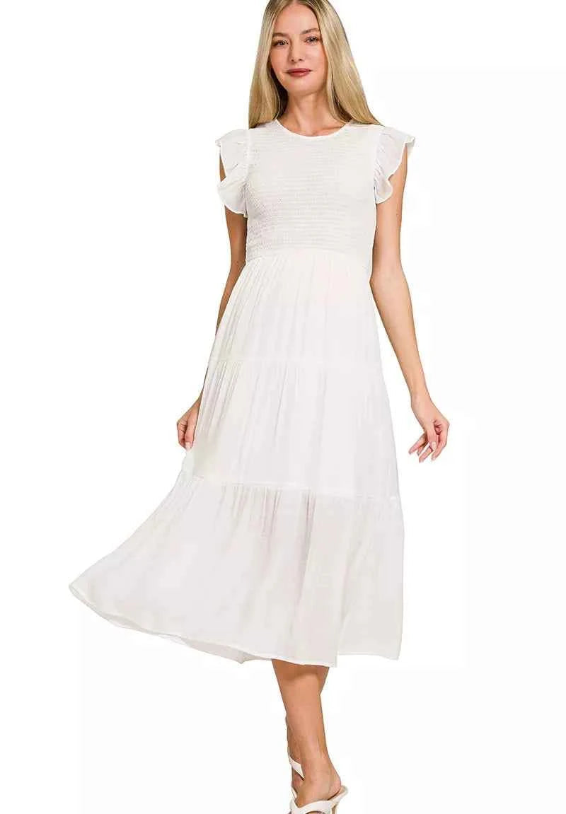 Zenana Midi Dress White Woven Smocked Ruffle Short Sleeve WHITE 042ae3e655b548a09ba8a7dab08f4c6c-Max-Origin Trendsi