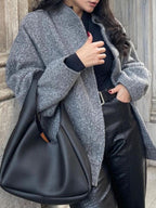 Women Jacket Snap Collared Long Sleeve Elastic Hem Oversized Pocketed Dark Gray 042d0267-9d6a-42a5-907a-042ead6dd77f-Max Trendsi