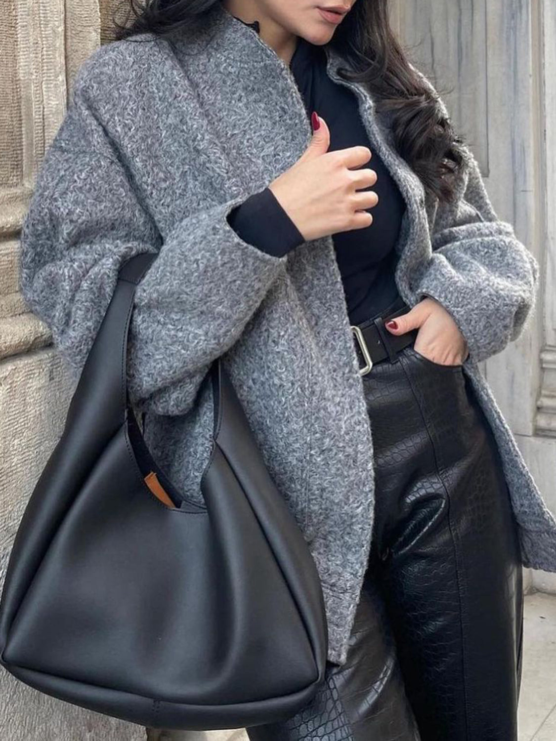 Women Jacket Snap Collared Long Sleeve Elastic Hem Oversized Pocketed Dark Gray 042d0267-9d6a-42a5-907a-042ead6dd77f-Max Trendsi