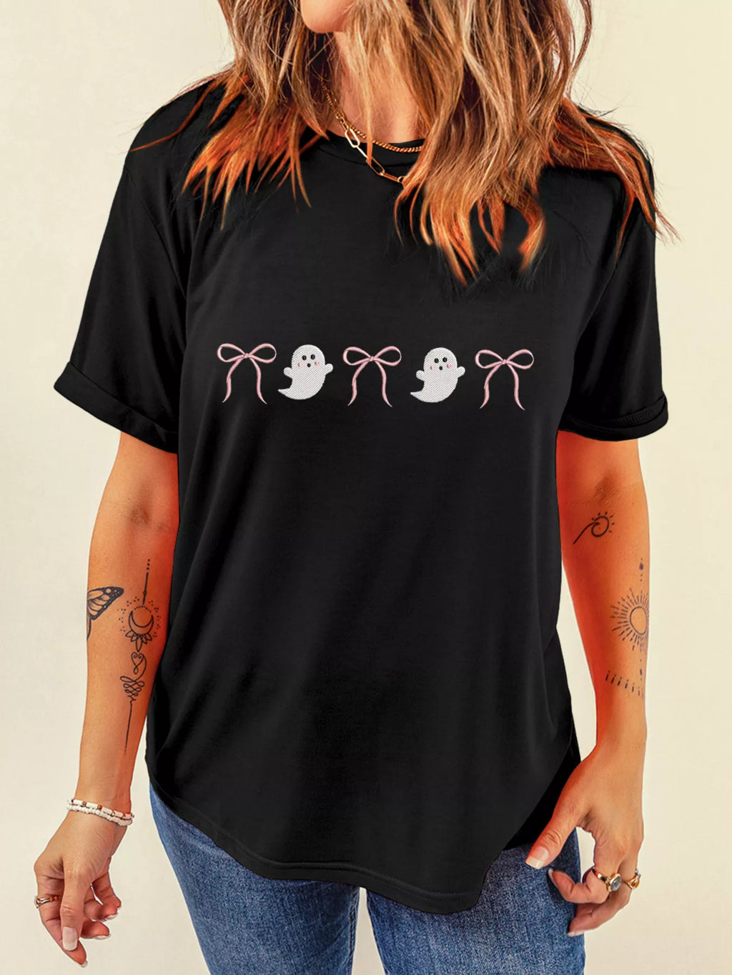Halloween Women's T-Shirt Black Ghost Bow Graphic Short Sleeve Top Black 042f575e359745b69e258046a7544c20-Max-Origin Trendsi