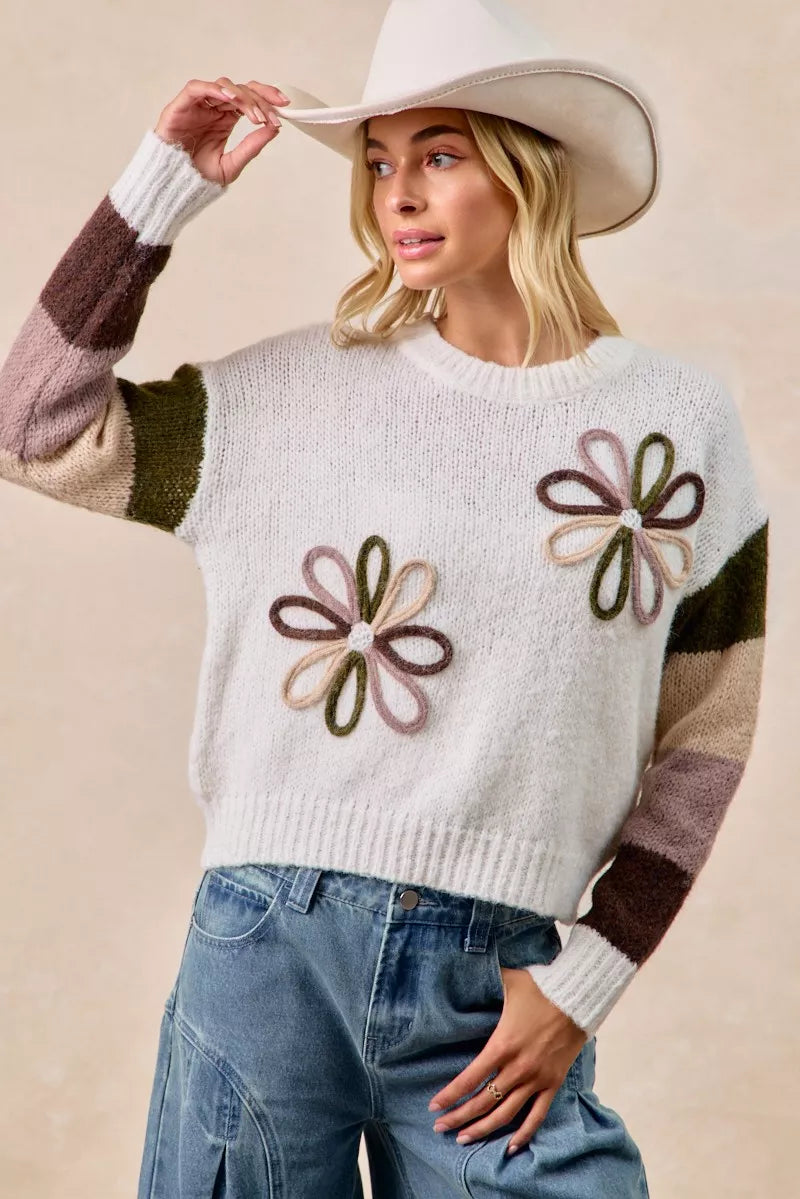 BiBi Flower Women's Sweater Color Block Ivory Brown Knit Pullover 0446c9c3fd1b44aab1378189bfbe6e03-Max-Origin Trendsi