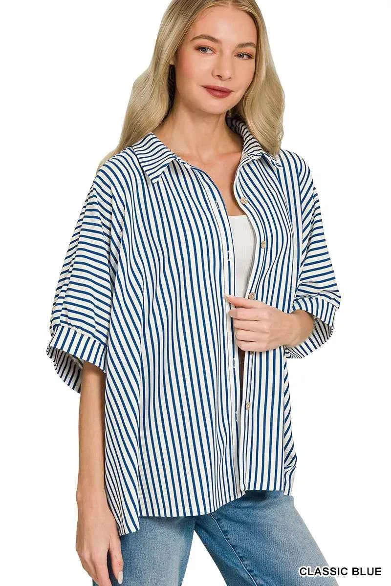Zenana Oversized Stripe Button Down Shirt