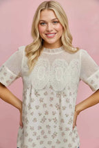 SO ME Blouse Floral Print Lace Trim Cotton Blush Pink Short Sleeve Top
