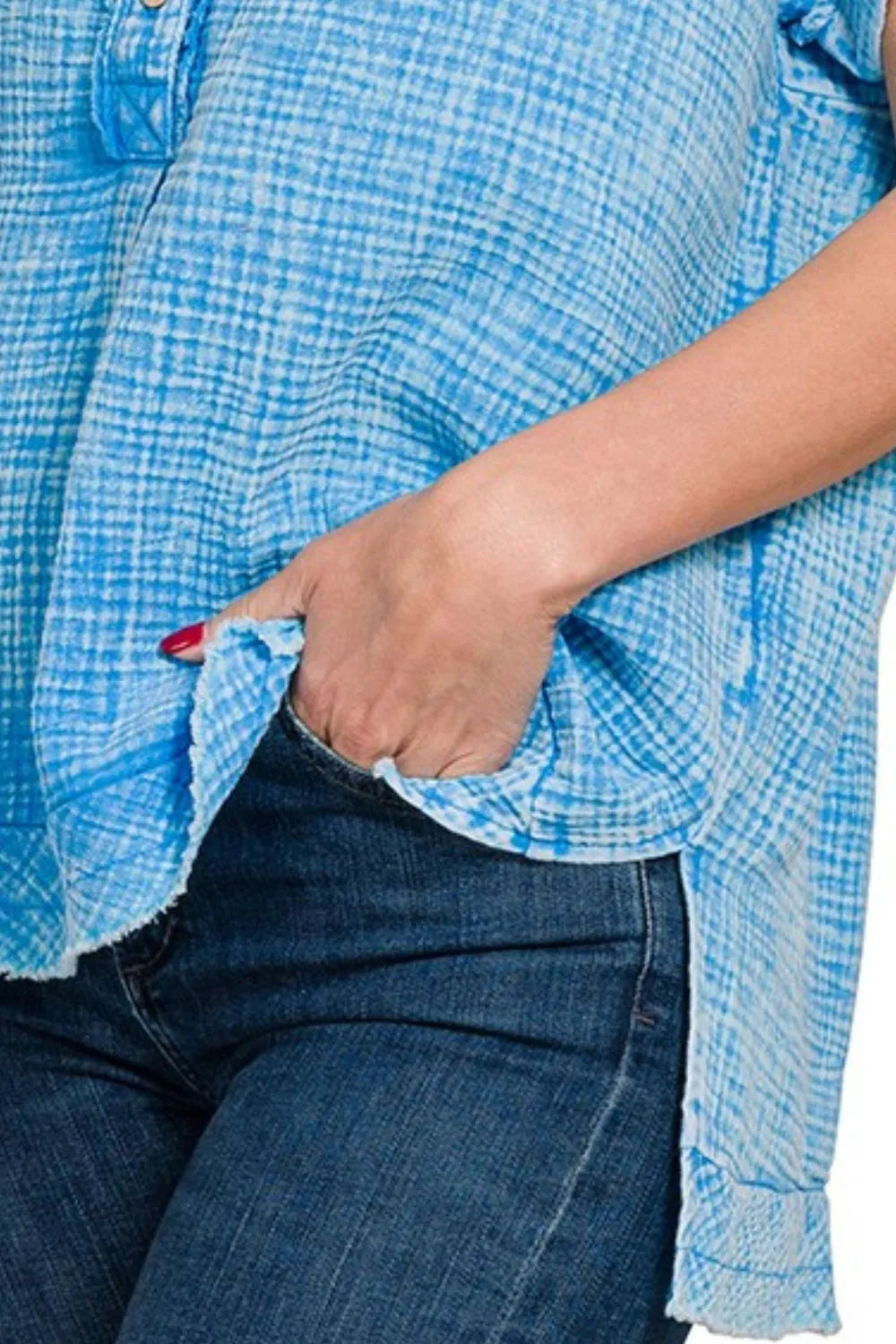 Zenana T-shirt Deep Sky Washed Double Gauze 3/4 Button Henley Neck Shirt Top 045af375-8640-47ce-93b3-f3dd95a92548-Max-Origin Trendsi