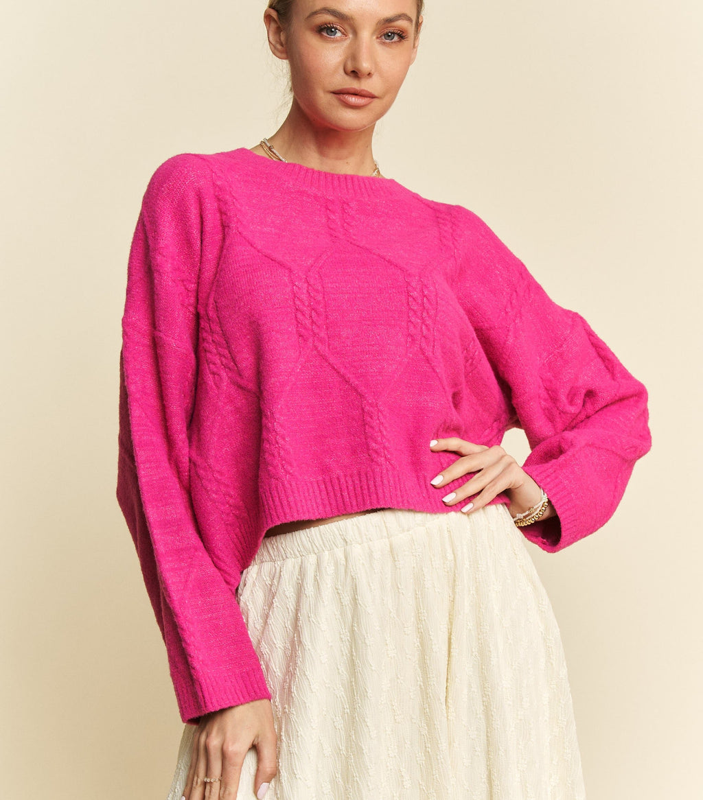 Davi & Dani USA Pink Sweater Diamond Cable Knit Pattern Long Sleeve Pullover Pink 04604334-e8bd-4f92-a055-98bcfafe7293-Max Trendsi