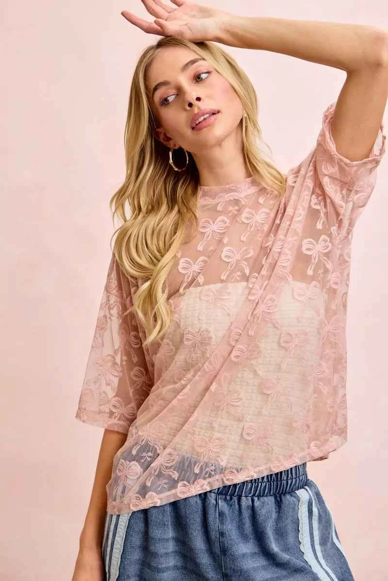 BiBi Bow Pattern Short Sleeves Boxy Mesh Top