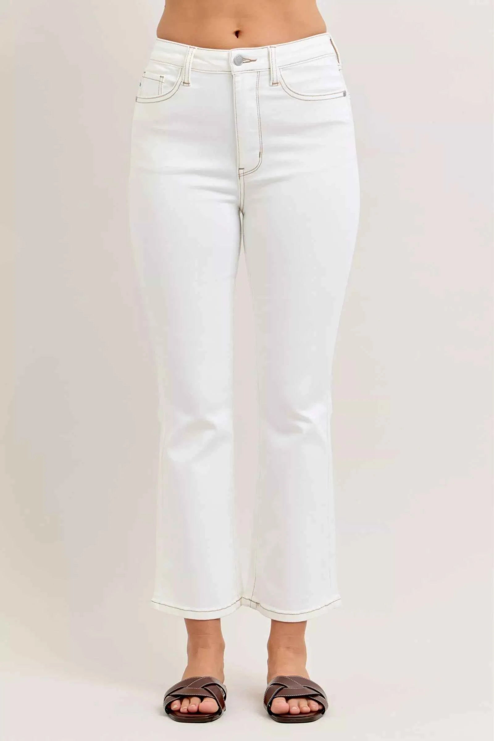 Judy Blue White Cropped Flare Jeans Contrast Stitching Denim Pants WHT 046fd0e6-b017-41a3-9d47-ebfb61d4b4c7-Max-Origin Trendsi