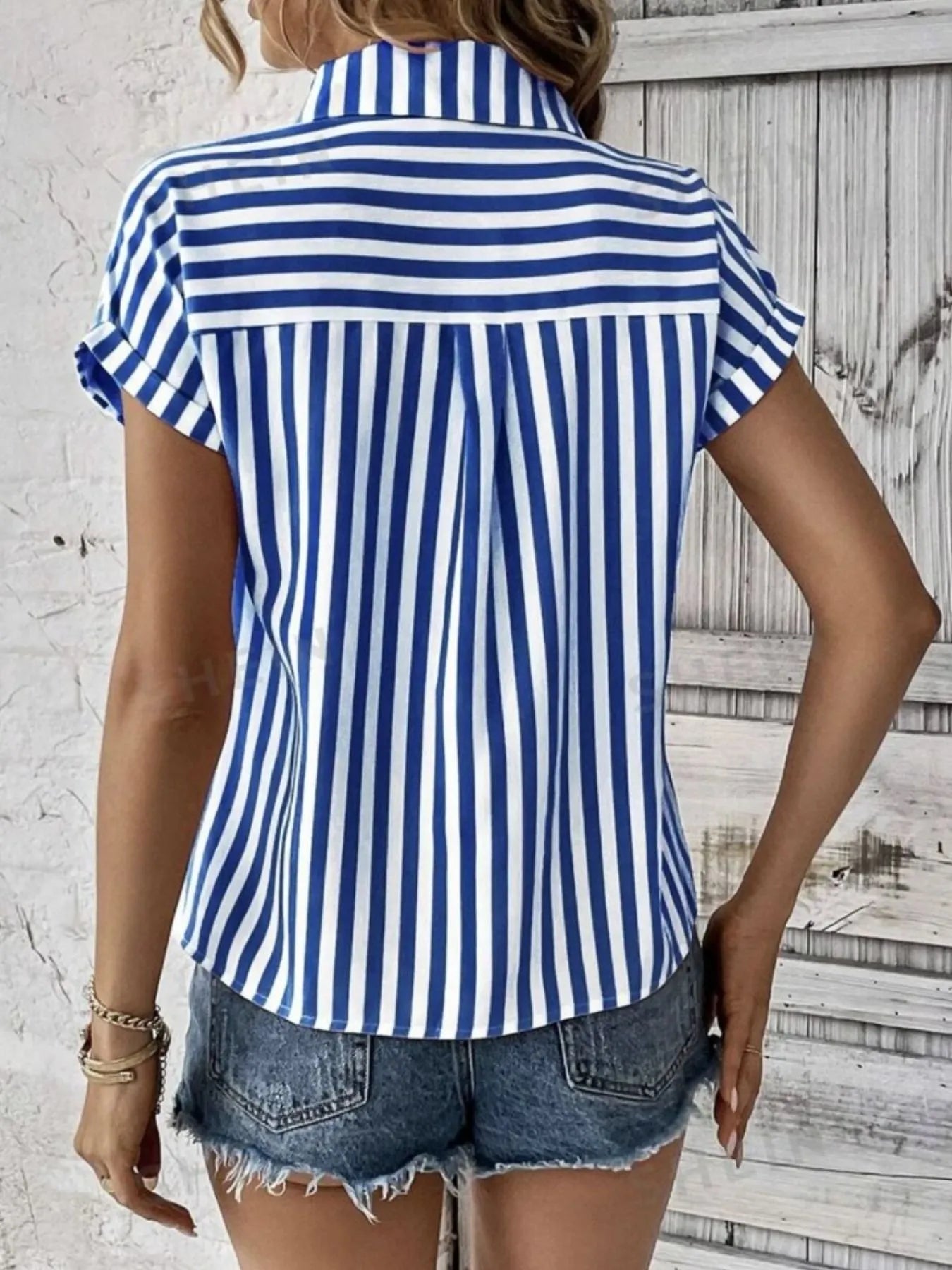 Women's Shirt Striped Short Sleeve Top with Pocket 04810e0b-772c-4208-8871-a08572c6cba9-Max-Origin Trendsi