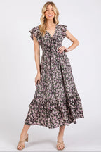 Mittoshop Midi Dress Black Floral Flower Print Ruffle Cap Sleeve V-neck BLACK 048411df67ed41f7bcece6287d2d77bf-Max-Origin Trendsi