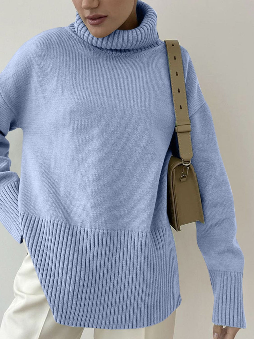 Women Sweater Side Slit Turtleneck Drop Shoulder Long Sleeve Soft Pullover 04844c61-7524-4803-bcc1-c5af9005e030-Max Trendsi