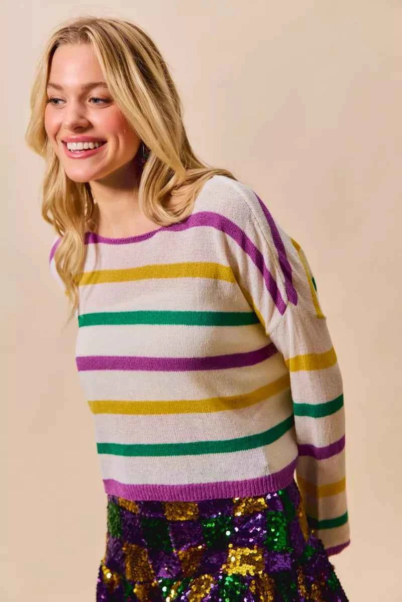 SO ME Mardi Gras Color Stripe Lightweight Sweater Top
