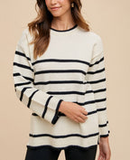 Annie Wear Women Sweater Striped Side Slit Round Neck Long Sleeve Pullover Ivory 0493ddfb-1861-4c0a-a160-7ee8073f385a-Max Trendsi