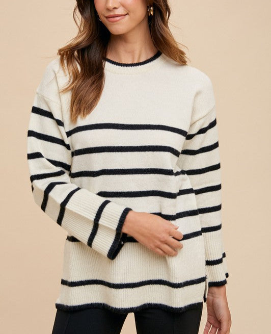 Annie Wear Women Sweater Striped Side Slit Round Neck Long Sleeve Pullover Ivory 0493ddfb-1861-4c0a-a160-7ee8073f385a-Max Trendsi