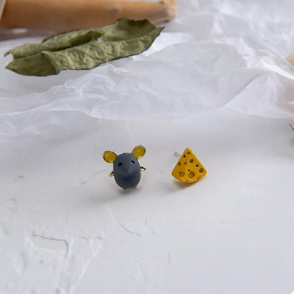 Stud Earrings Mouse & Cheese Cute Small Asymmetrical 18K Gold-Plated Jewelry 04940689-32c4-40de-a9f6-048ac553593d-Max-Origin Trendsi