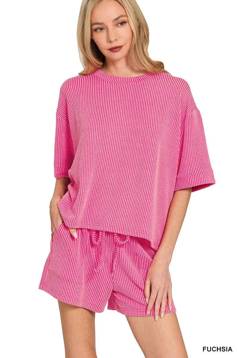 Zenana Outfit Set Raised Rib Short Sleeve Tee and Drawstring Shorts Fuchsia Pink 04949c98-b4c0-4783-a3da-d5d739769280-Max-Origin Trendsi