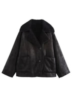 Women Suede Jacket Collared Neck Long Sleeve Plush Lined Chocolate Coat 049dbbcd-9fbe-4eec-ab09-796149b4b462-Max Trendsi